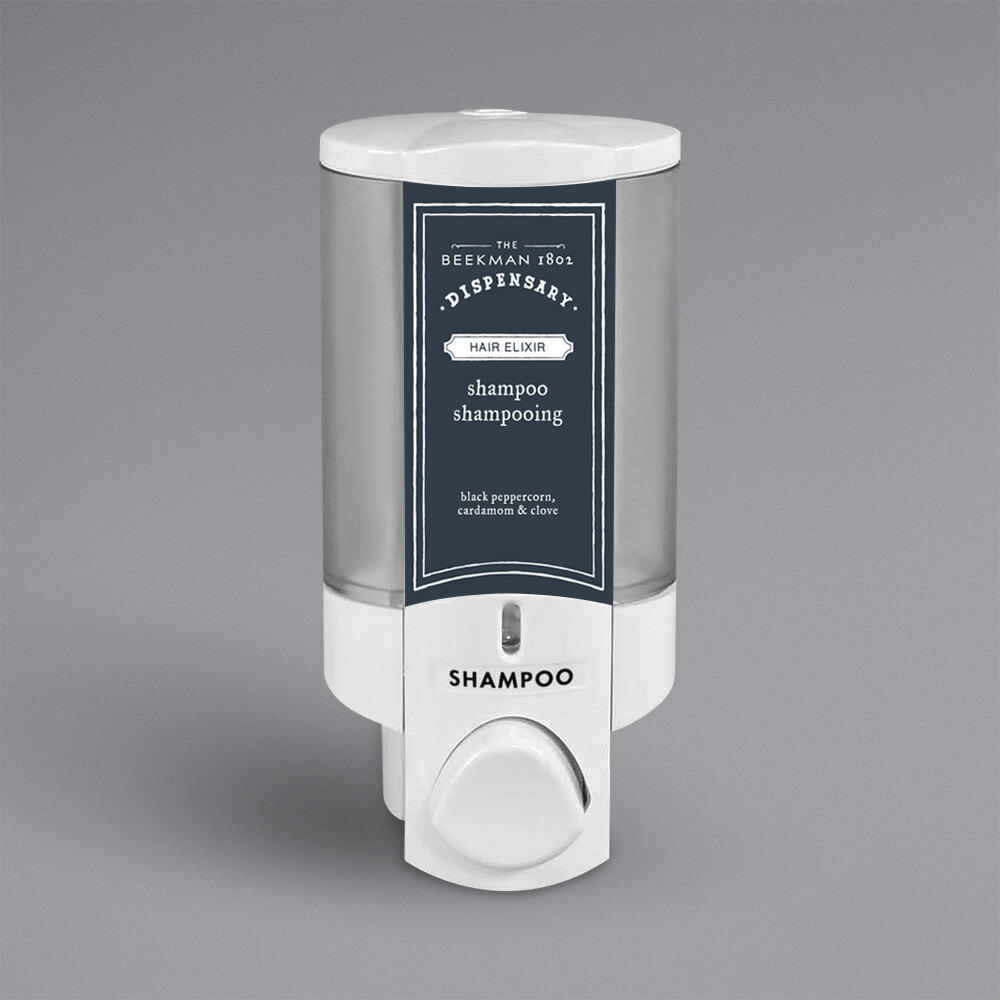 Dispenser Amenities 36150-BKMN Aviva 10 oz. White Wall Mounted Locking Soap Dispenser with Translucent Bottle and Beekman Logo