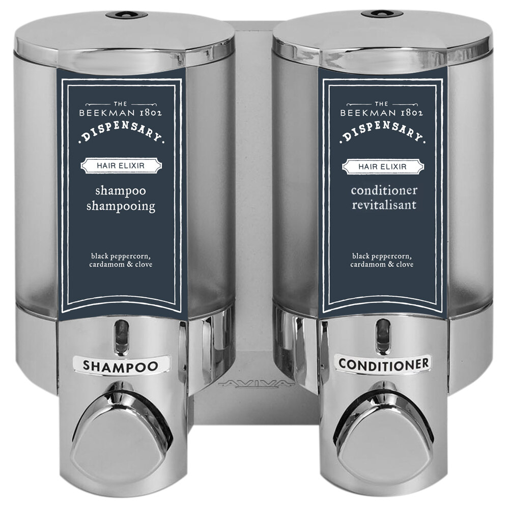 Dispenser Amenities 36244-BKMN Aviva 20 oz. Chrome 2-Chamber Wall Mounted Locking Soap Dispenser with Translucent Bottles and Beekman Logo