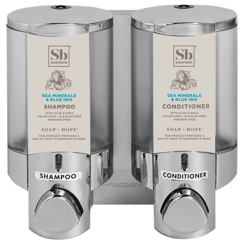 Dispenser Amenities 36244-SPBX Aviva 20 oz. Chrome 2-Chamber Wall Mounted Locking Soap Dispenser with Translucent Bottles and Soapbox Logo