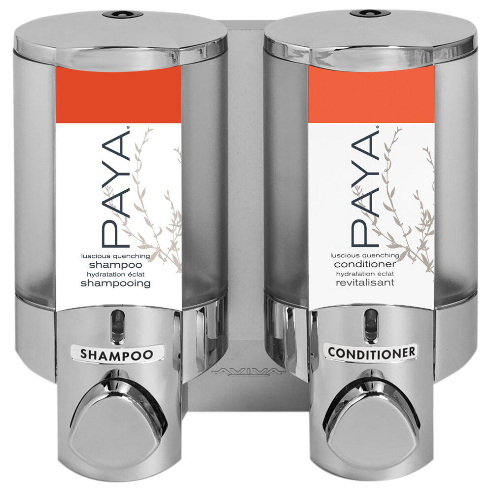 Dispenser Amenities 36244-PAYA Aviva 20 oz. Chrome 2-Chamber Wall Mounted Locking Soap Dispenser with Translucent Bottles and Paya Logo