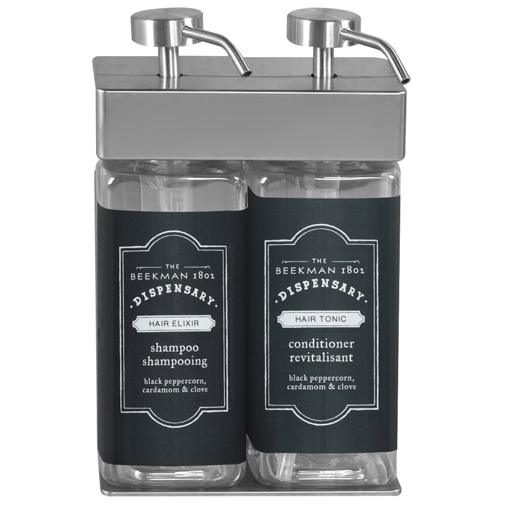 Dispenser Amenities 39234-R3-BKMN SOLera 30 oz. ABS Plastic Wall Mounted Adjustable 2-Chamber Locking Shower Dispenser with Rectangular Bottles and Beekman Label