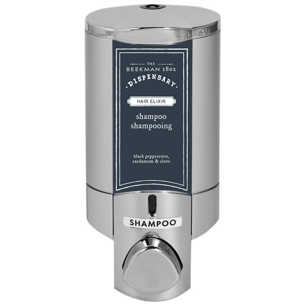 Dispenser Amenities 37144-BKMN Aviva 10 oz. Chrome Wall Mounted Locking Shower Dispenser with Satin Silver Bottle and Beekman Logo