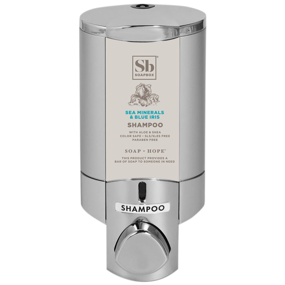 Dispenser Amenities 27144-SPBX Aviva 10 oz. Chrome Wall Mounted Locking Shower Dispenser with Satin Silver Bottle and Soapbox Logo