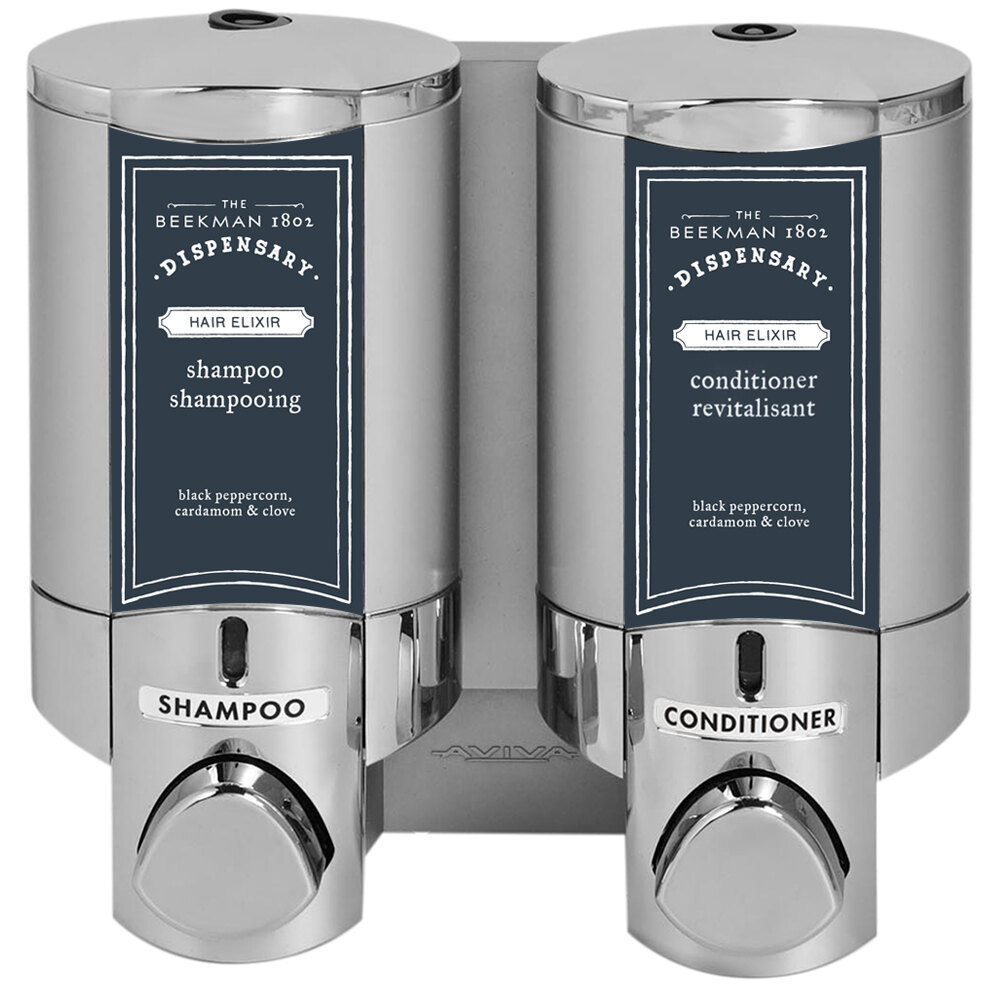 Dispenser Amenities 37244-BKMN Aviva 20 oz. Chrome 2-Chamber Wall Mounted Locking Shower Dispenser with Satin Silver Bottles and Beekman Logo