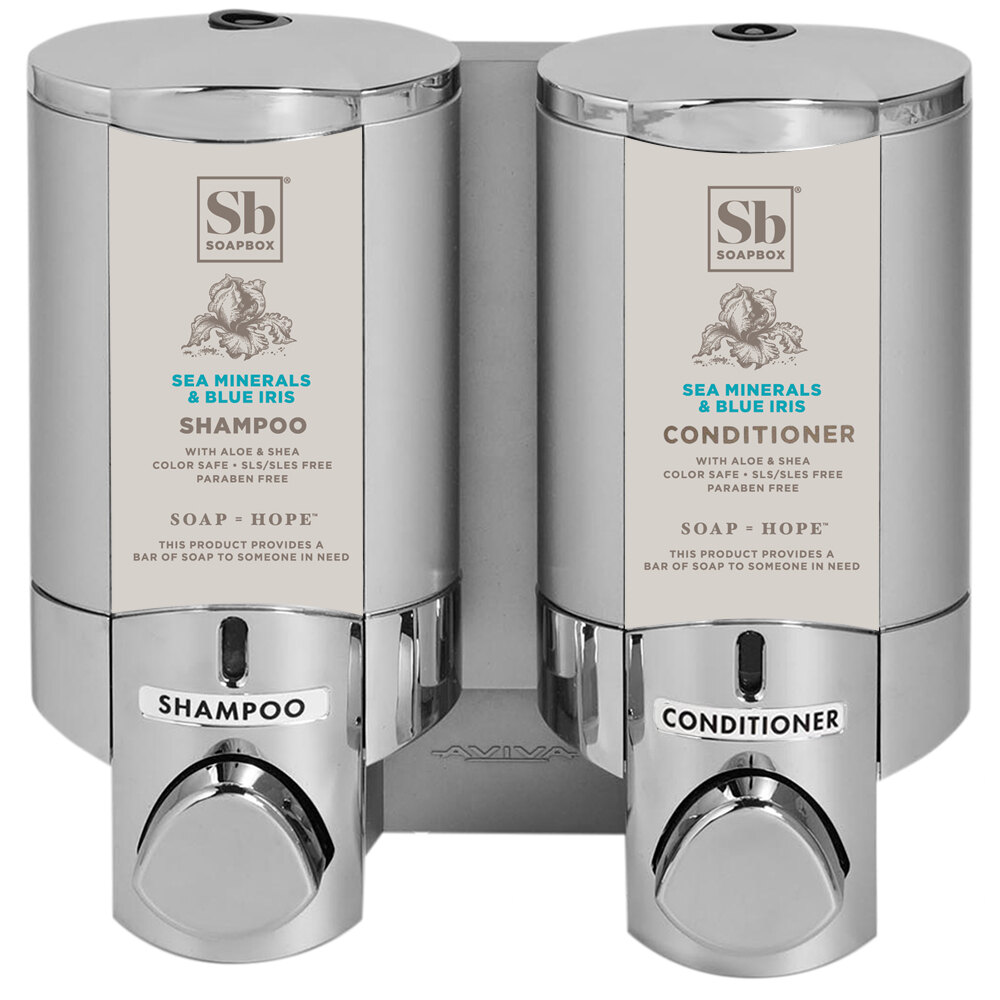 Dispenser Amenities 37244-SPBX Aviva 20 oz. Chrome 2-Chamber Wall Mounted Locking Shower Dispenser with Satin Silver Bottles and Soapbox Logo