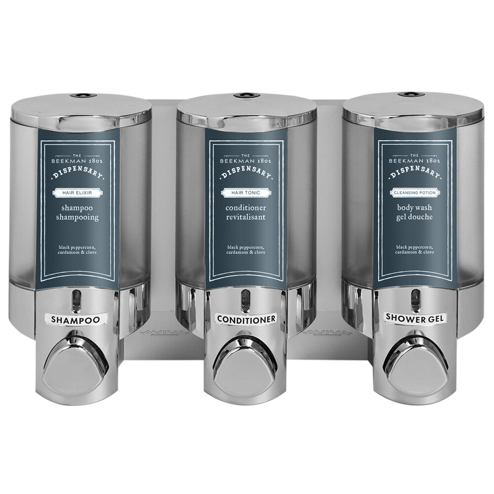Dispenser Amenities 36344-BKMN Aviva 30 oz. Chrome 3-Chamber Wall Mounted Locking Soap Dispenser with Translucent Bottles and Beekman Logo