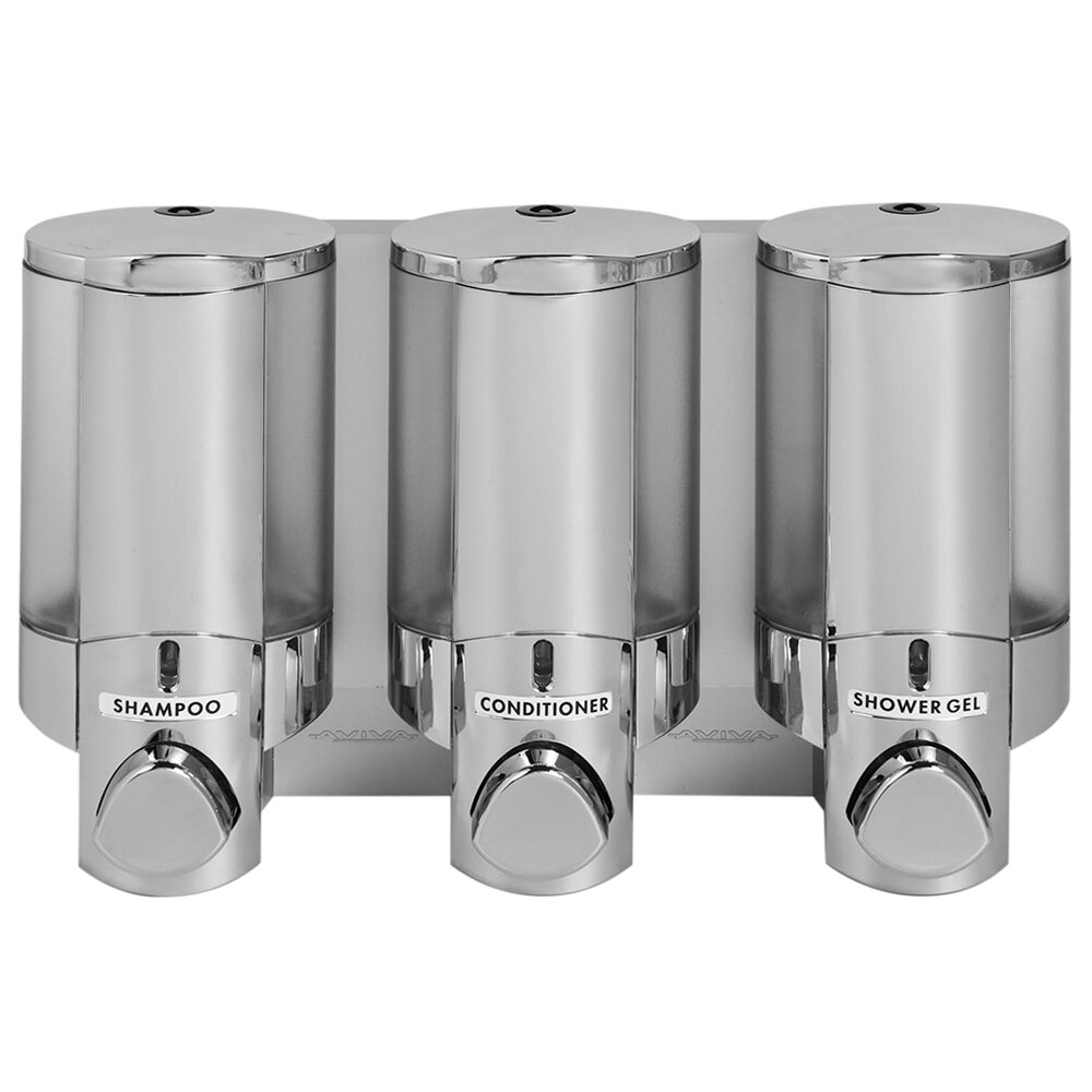 Dispenser Amenities 36344 Aviva 30 oz. Chrome 3-Chamber Wall Mounted Locking Soap Dispenser with Translucent Bottles