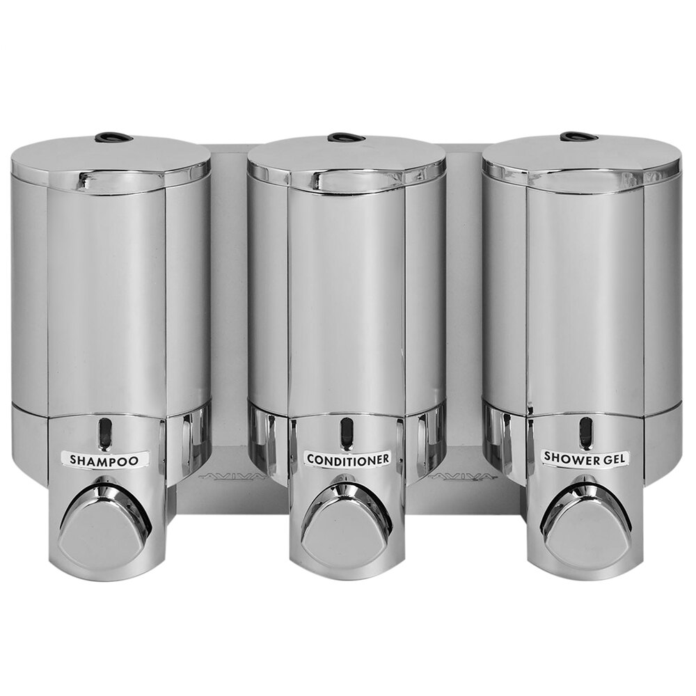 Dispenser Amenities 37344 Aviva 30 oz. Chrome 3-Chamber Wall Mounted Locking Shower Dispenser with Satin Silver Bottles