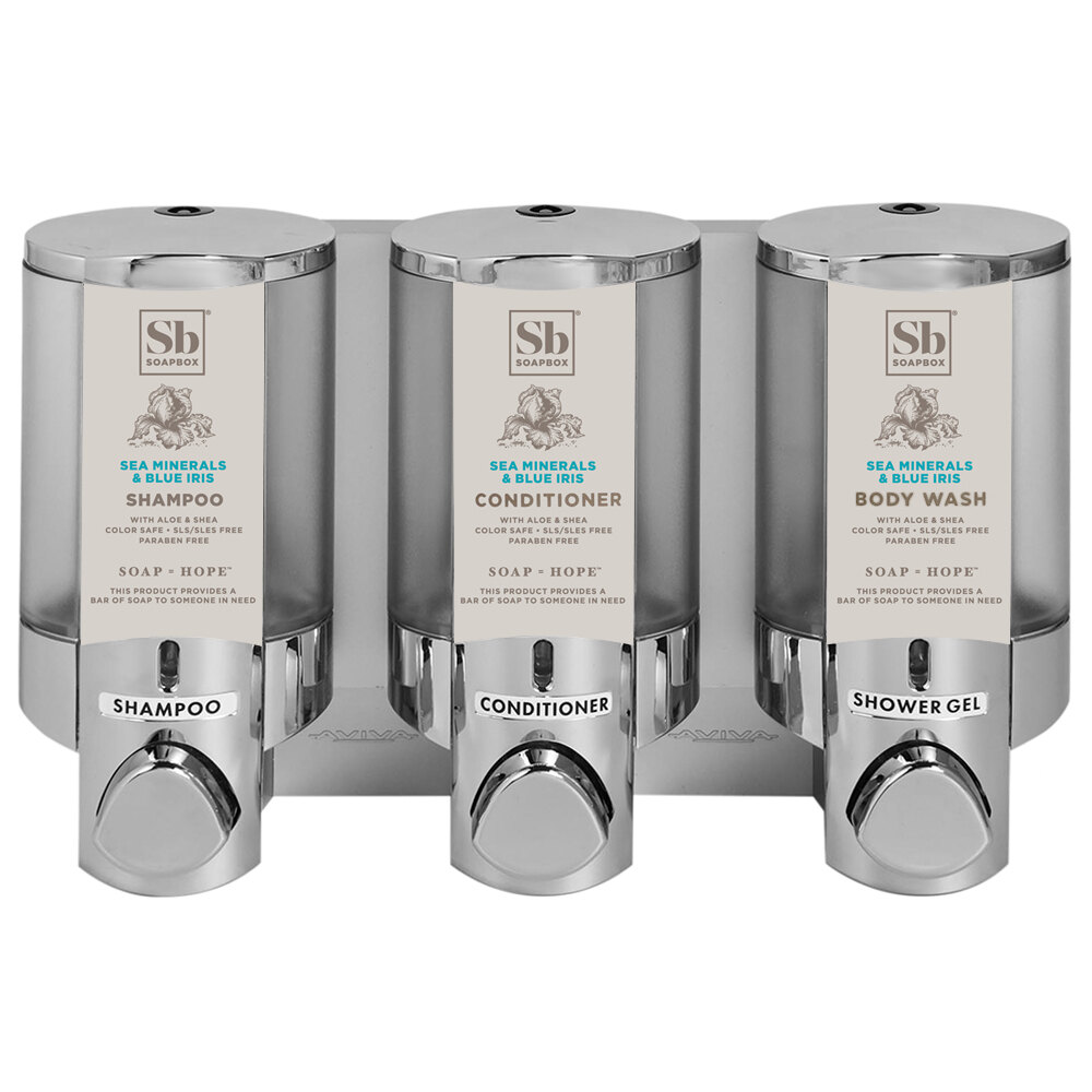 Dispenser Amenities 36344-SPBX Aviva 30 oz. Chrome 3-Chamber Wall Mounted Locking Soap Dispenser with Translucent Bottles and Soapbox Logo