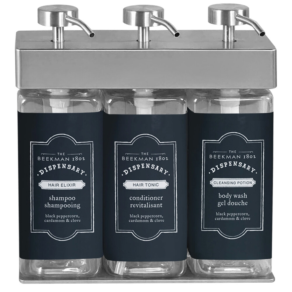 Dispenser Amenities 39334-R3-BKMN SOLera 45 oz. ABS Plastic Wall Mounted Adjustable 3-Chamber Locking Shower Dispenser with Rectangular Bottles and Beekman Label