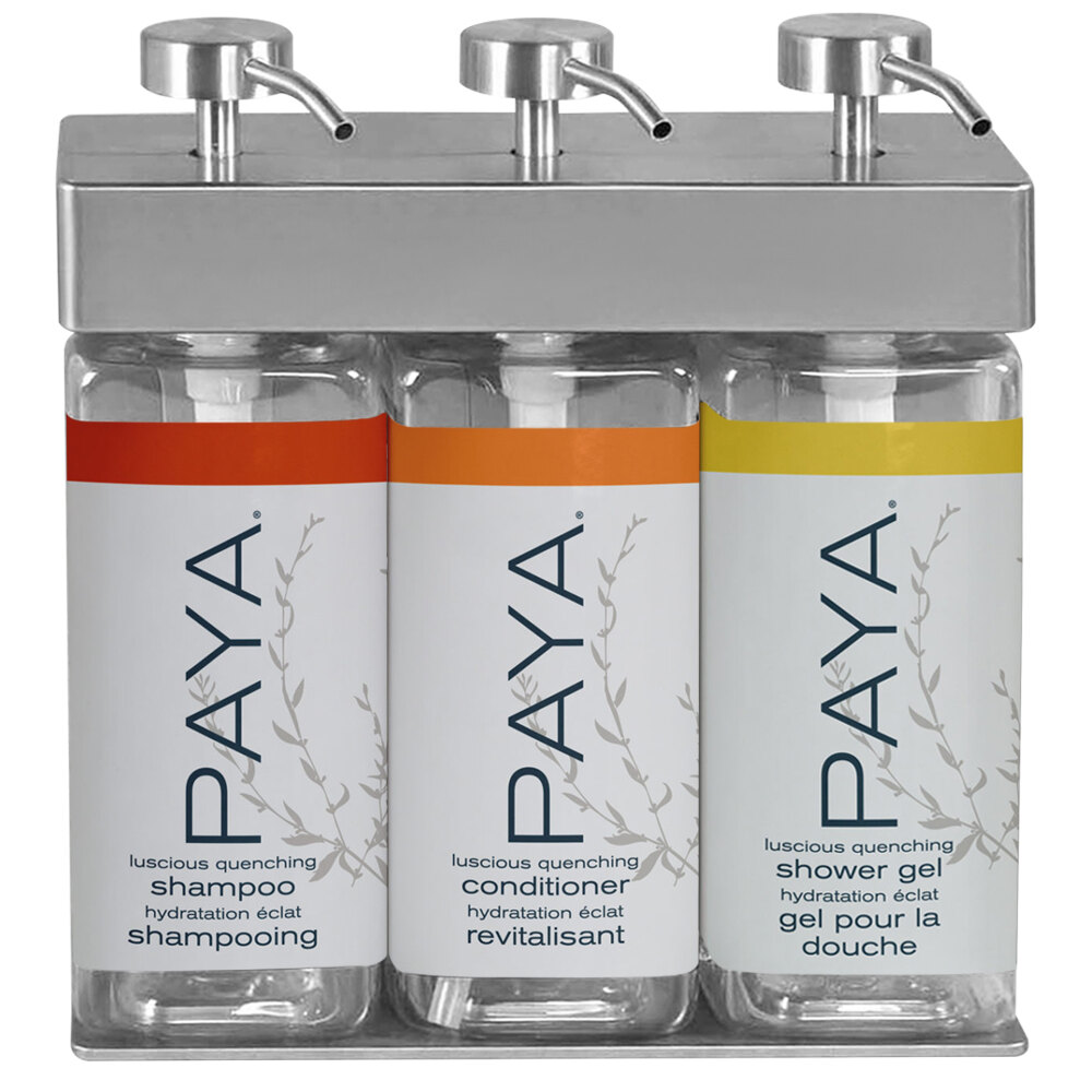 Dispenser Amenities 39334-R3-PAYA SOLera 45 oz. ABS Plastic Wall Mounted Adjustable 3-Chamber Locking Shower Dispenser with Rectangular Bottles and Paya Label