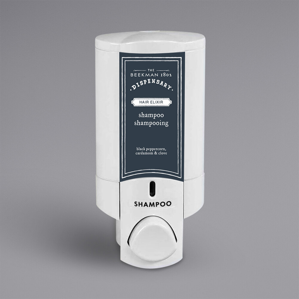 Dispenser Amenities 37150-BKMN Aviva 10 oz. Solid White Wall Mounted Locking Shower Dispenser with Bottle and Beekman Logo