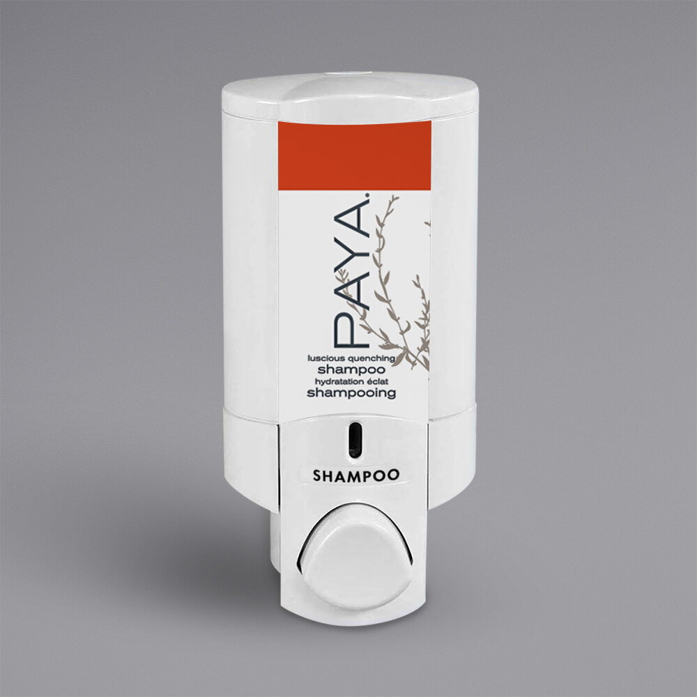 Dispenser Amenities 37150-PAYA Aviva 10 oz. Solid White Wall Mounted Locking Shower Dispenser with Bottle and Paya Logo