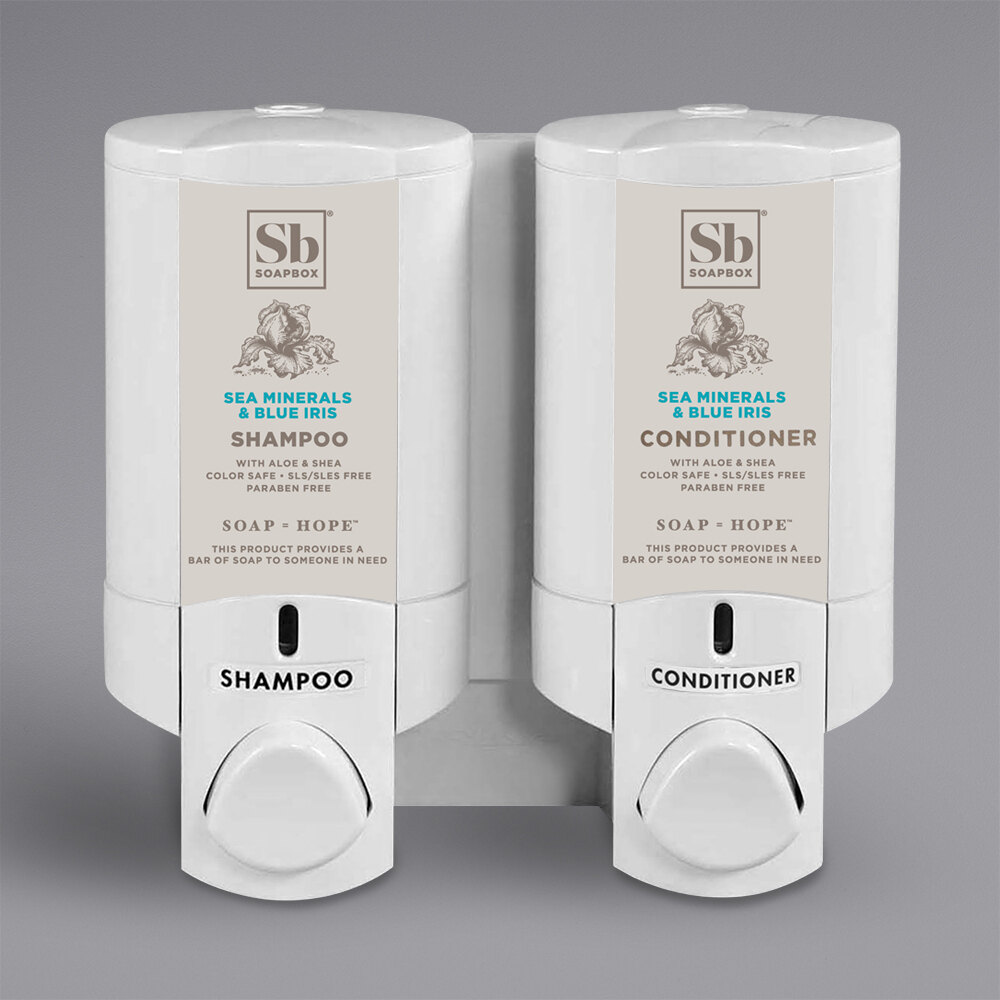 Dispenser Amenities 37250-SPBX Aviva 20 oz. Solid White 2-Chamber Wall Mounted Locking Shower Dispenser with Bottles and Soapbox Logo