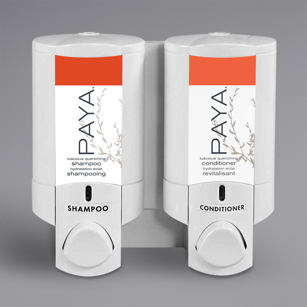 Dispenser Amenities 37250-PAYA Aviva 20 oz. Solid White 2-Chamber Wall Mounted Locking Shower Dispenser with Bottles and Paya Logo