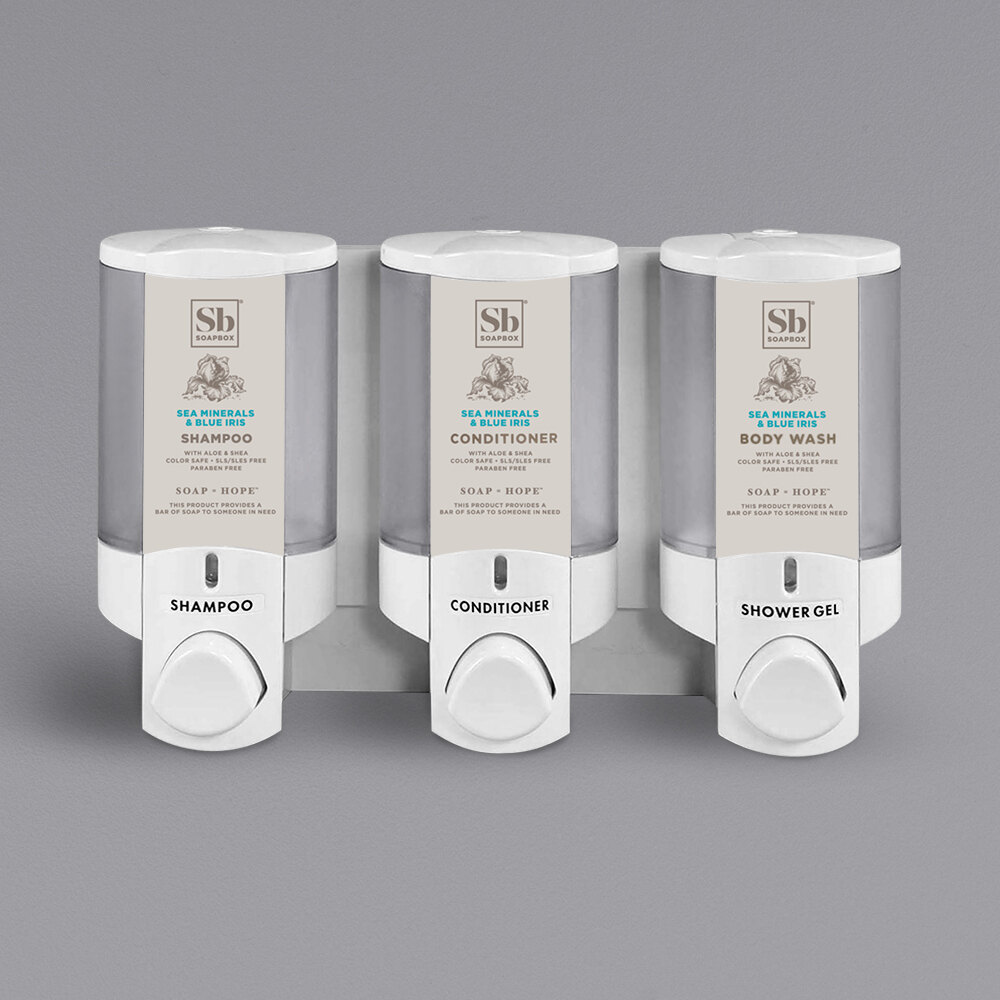 Dispenser Amenities 36350-SPBX Aviva 30 oz. White 3-Chamber Wall Mounted Locking Soap Dispenser with Translucent Bottles and Soapbox Logo