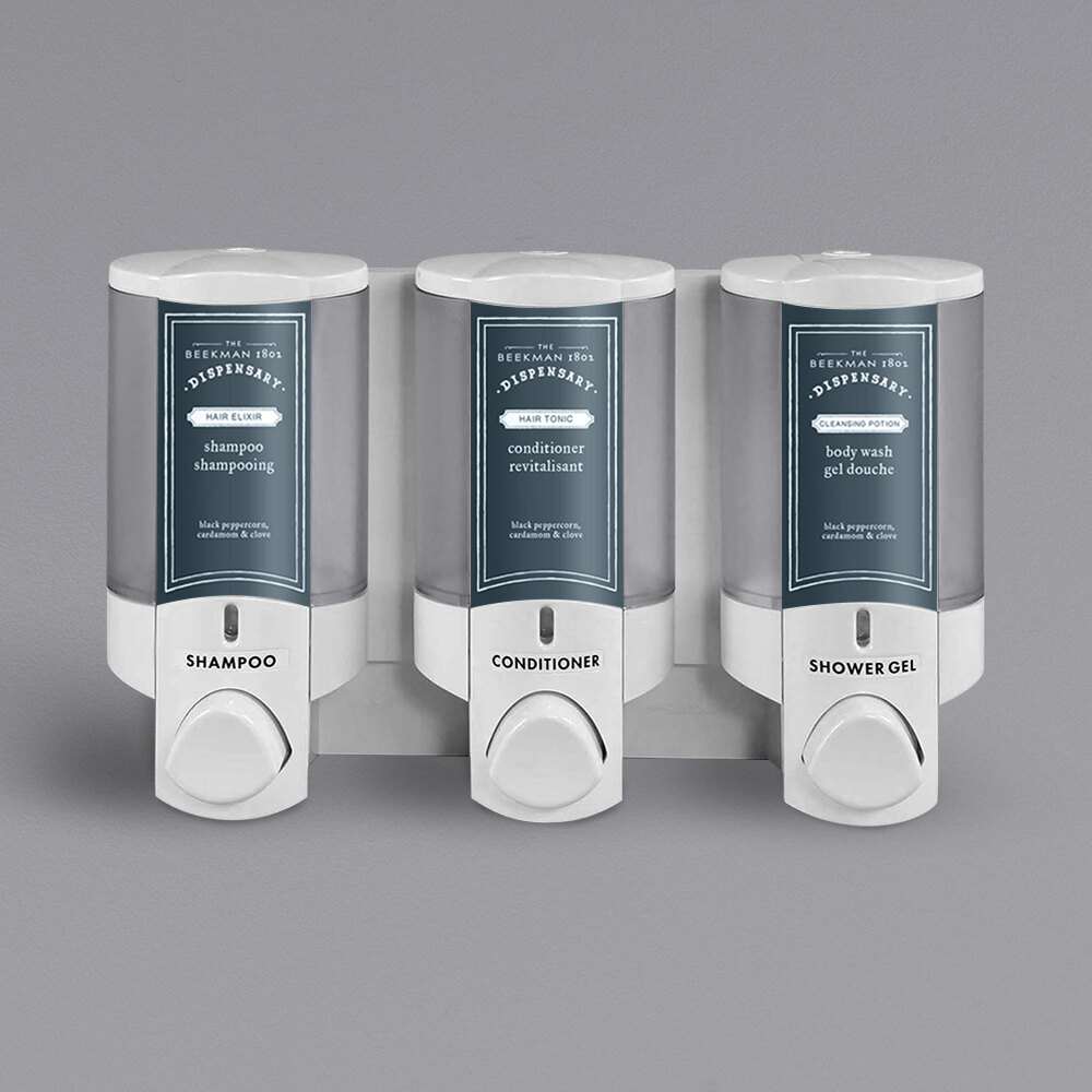 Dispenser Amenities 36350-BKMN Aviva 30 oz. White 3-Chamber Wall Mounted Locking Soap Dispenser with Translucent Bottles and Beekman Logo