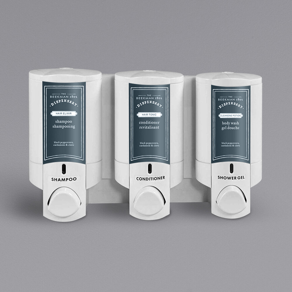 Dispenser Amenities 37350-BKMN Aviva 30 oz. Solid White 3-Chamber Wall Mounted Locking Shower Dispenser with Bottles and Beekman Logo