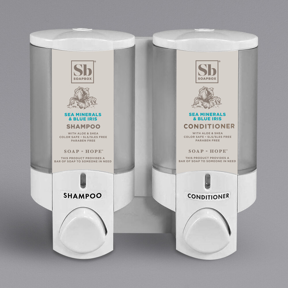 Dispenser Amenities 36250-SPBX Aviva 20 oz. White 2-Chamber Wall Mounted Locking Soap Dispenser with Translucent Bottles and Soapbox Logo