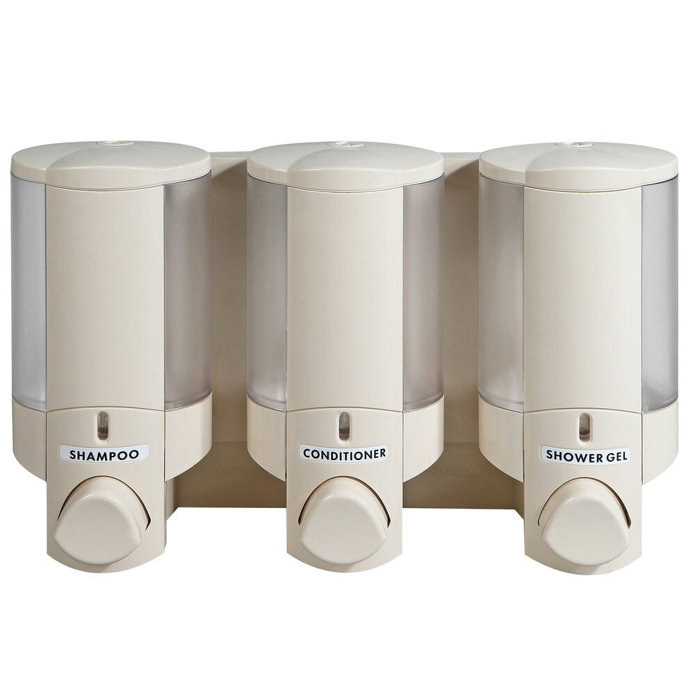 Dispenser Amenities 36370 Aviva 30 oz. Vanilla 3-Chamber Wall Mounted Locking Soap Dispenser with Translucent Bottles