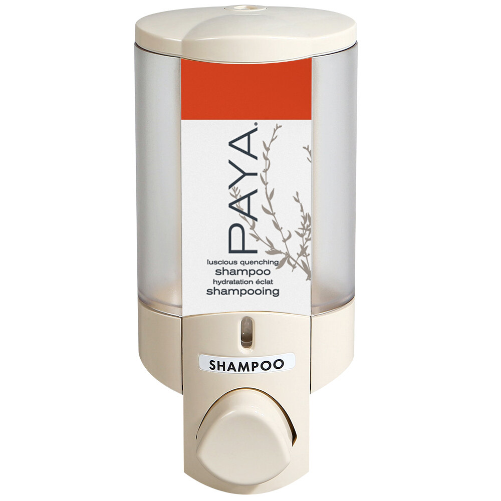 Dispenser Amenities 36170-PAYA Aviva 10 oz. Vanilla Wall Mounted Locking Soap Dispenser with Translucent Bottle and Paya Logo