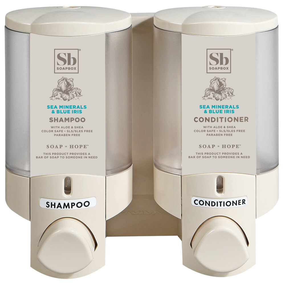 Dispenser Amenities 36270-SPBX Aviva 20 oz. Vanilla 2-Chamber Wall Mounted Locking Soap Dispenser with Translucent Bottles and Soapbox Logo