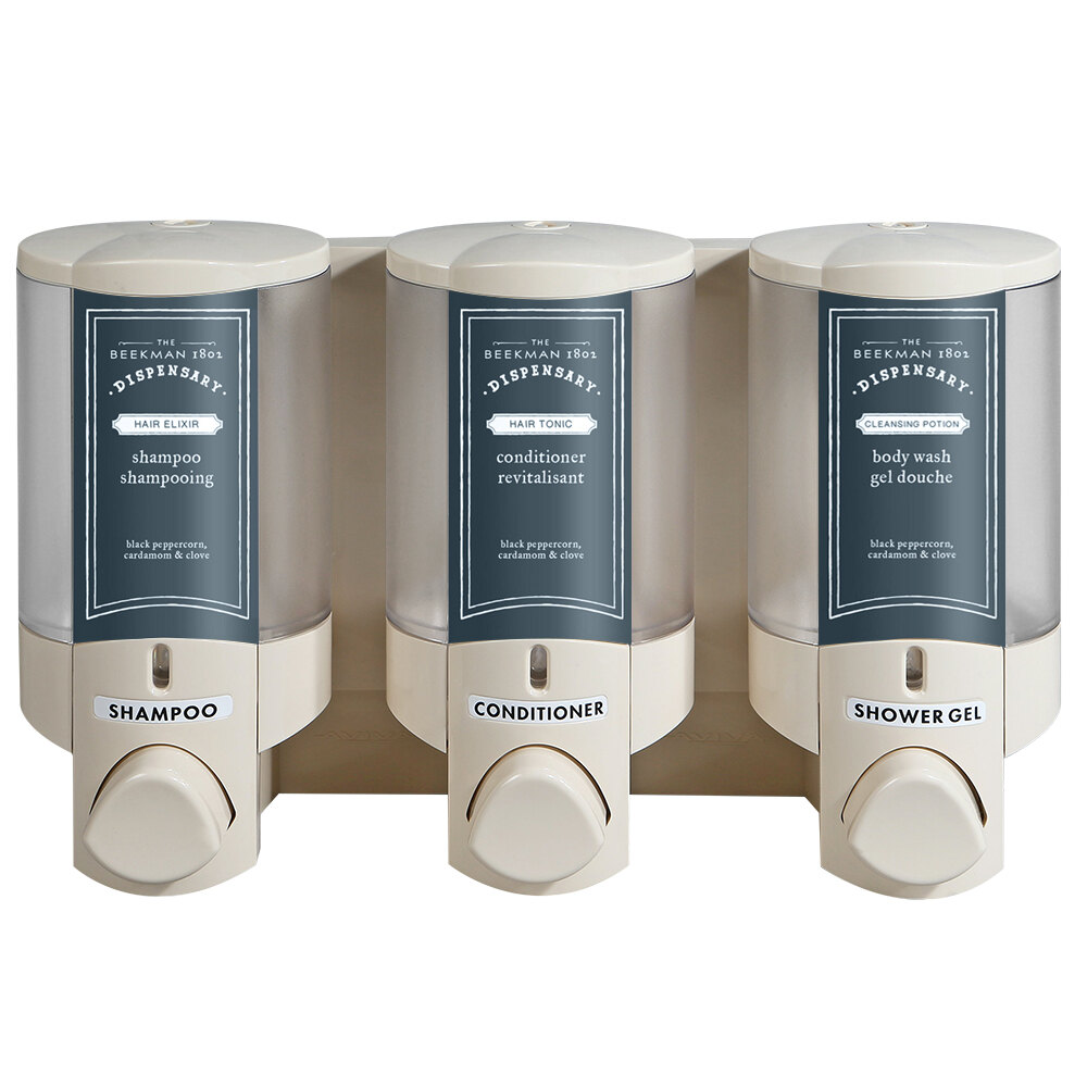 Dispenser Amenities 36370-BKMN Aviva 30 oz. Vanilla 3-Chamber Wall Mounted Locking Soap Dispenser with Translucent Bottles and Beekman Logo