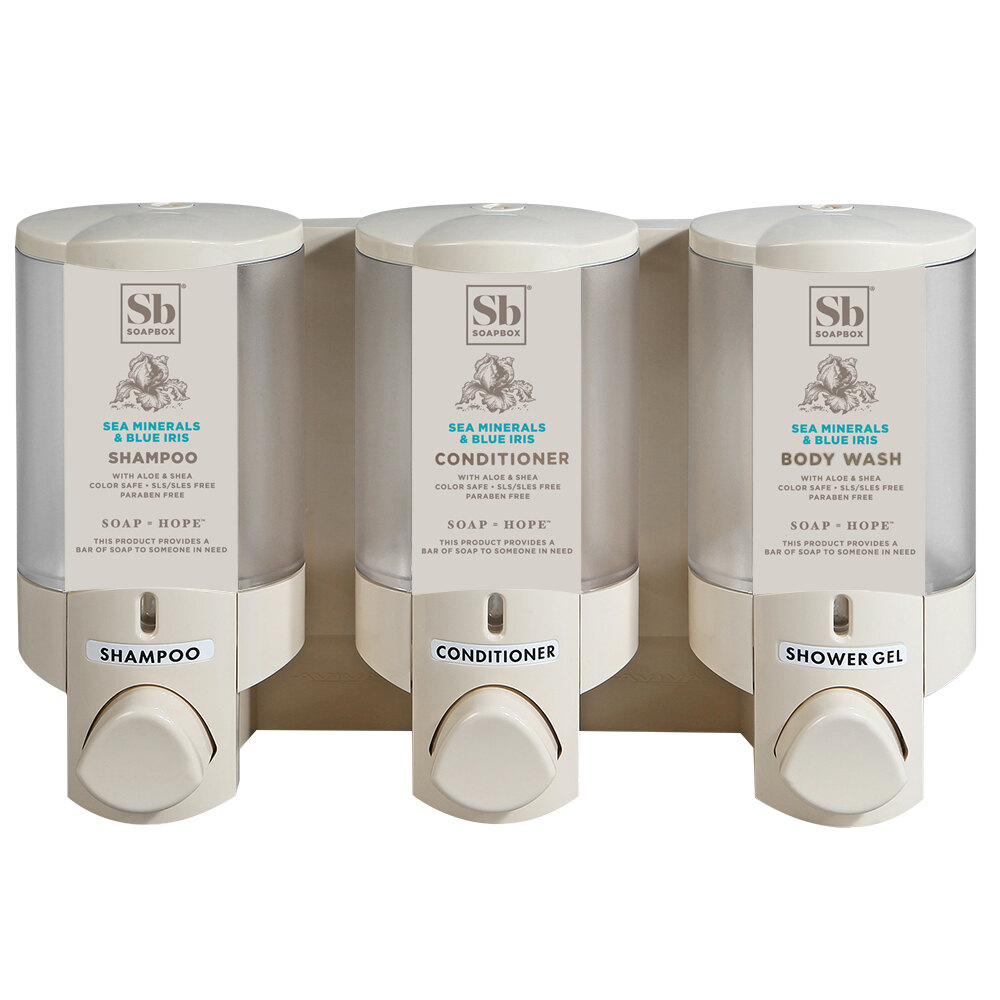 Dispenser Amenities 36370-SPBX Aviva 30 oz. Vanilla 3-Chamber Wall Mounted Locking Soap Dispenser with Translucent Bottles and Soapbox Logo