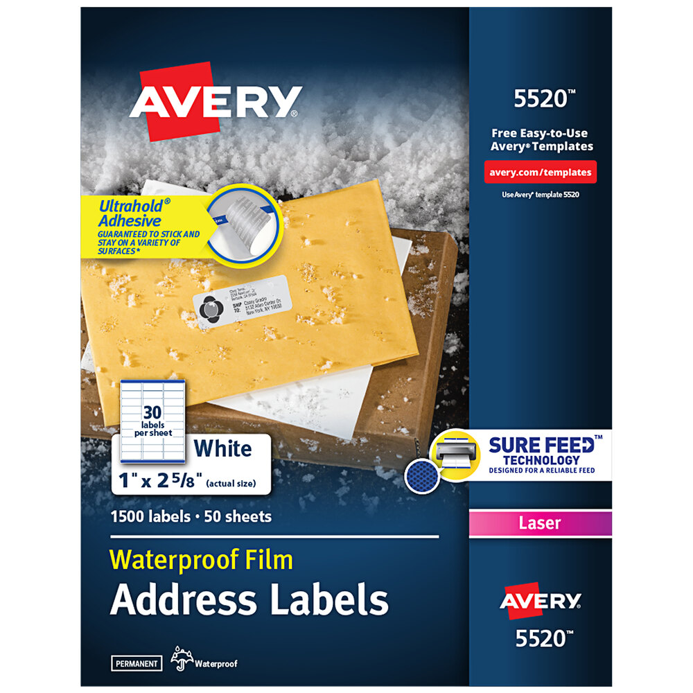 Avery® 5520 TrueBlock 1" x 2 5/8" Waterproof White Mailing Address Labels with Ultrahold Permanent Adhesive - 1,500/Box