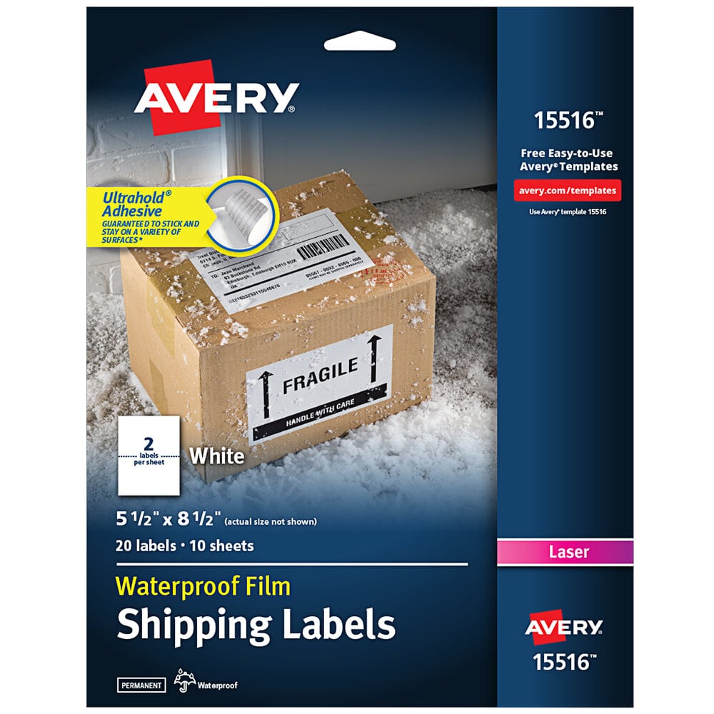 Avery® 15516 TrueBlock Waterproof 5 1/2" x 8 1/2" White Permanent Laser Mailing Label with Ultrahold Permanent Adhesive - 20/Pack
