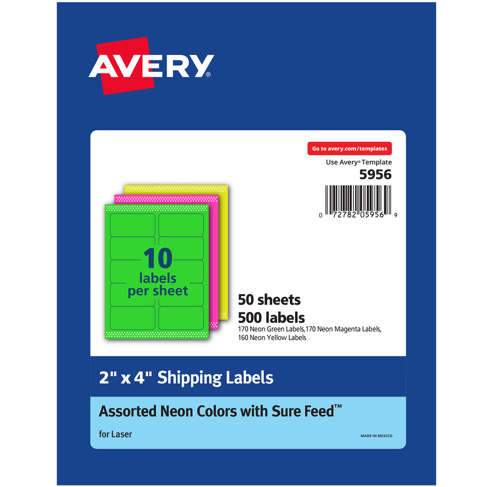Avery® 5956 2" x 4" Assorted Neon Shipping Labels - 500/Box