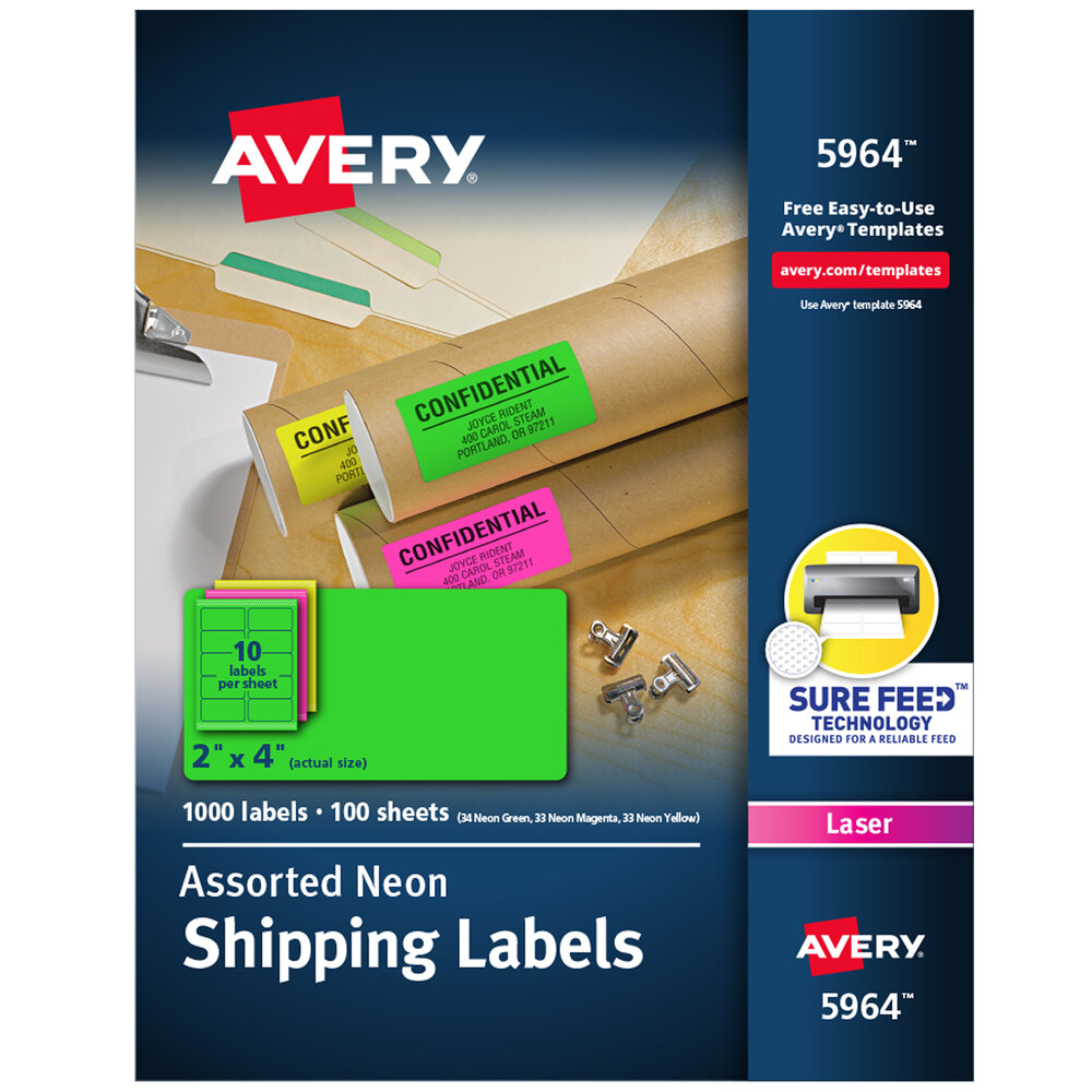 Avery® 5964 2" x 4" Assorted Neon Shipping Labels - 1,000/Box
