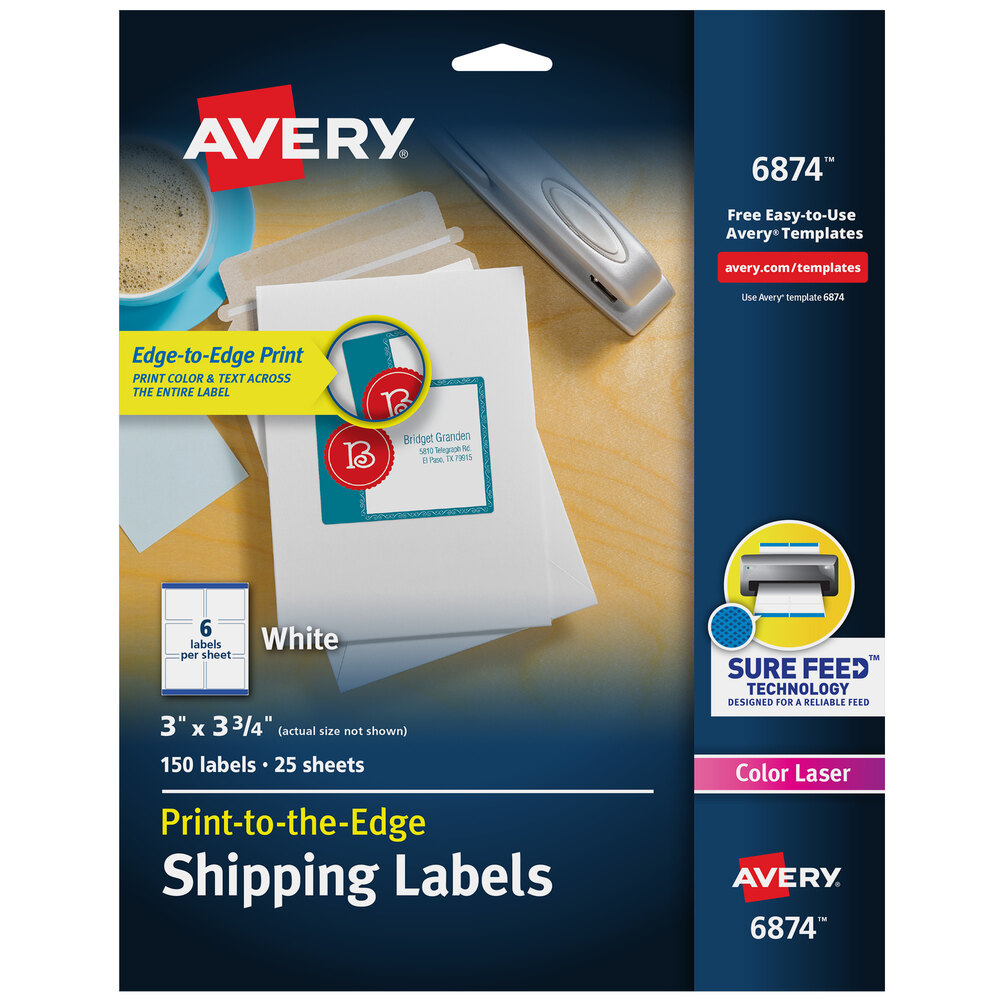 Avery® 6874 3" x 3 3/4" White Print-to-the-Edge Shipping Labels - 150/Pack