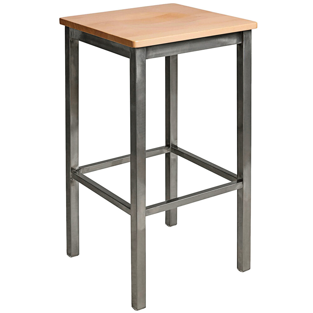 BFM Seating Trent Clear Coated Steel Bar Stool with Natural Wooden Seat