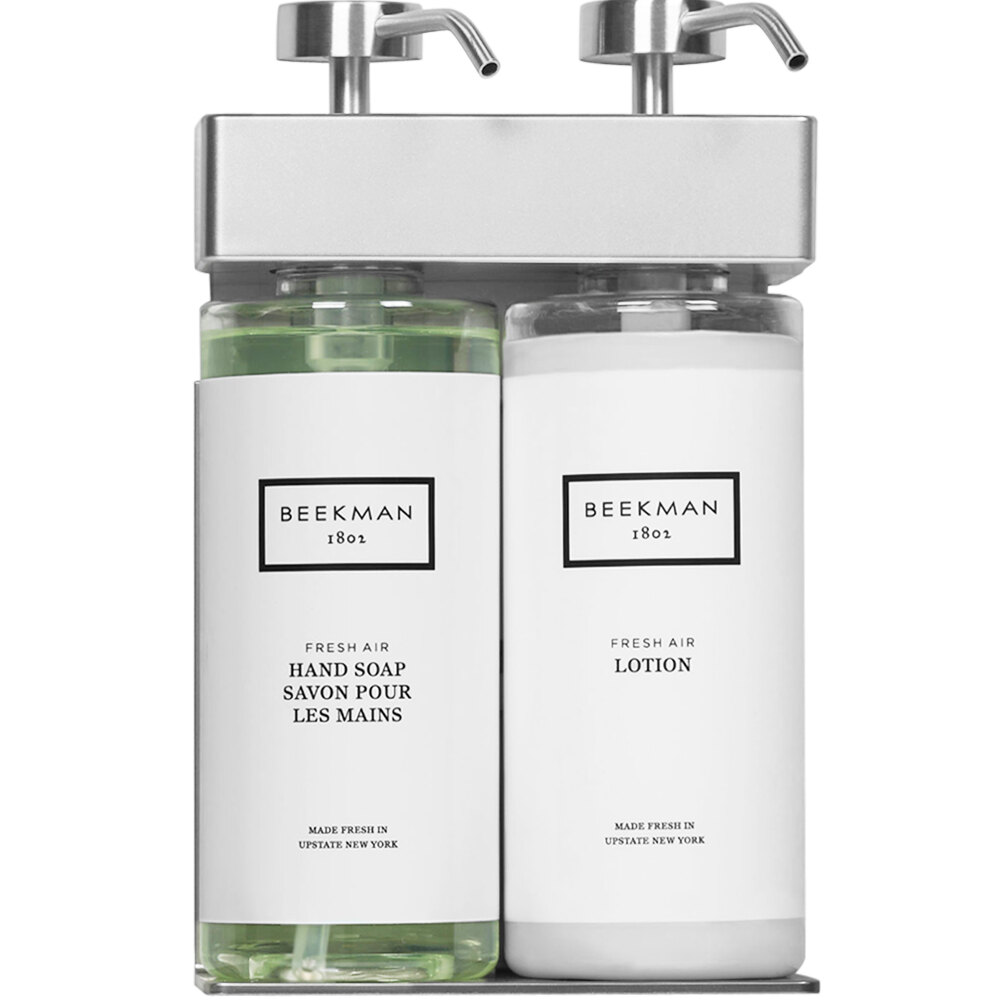 Dispenser Amenities 39234-O3-BKFA SOLera 24 oz. ABS Plastic Wall Mounted Adjustable 2-Chamber Locking Shower Dispenser with Oval Bottles and Beekman Label