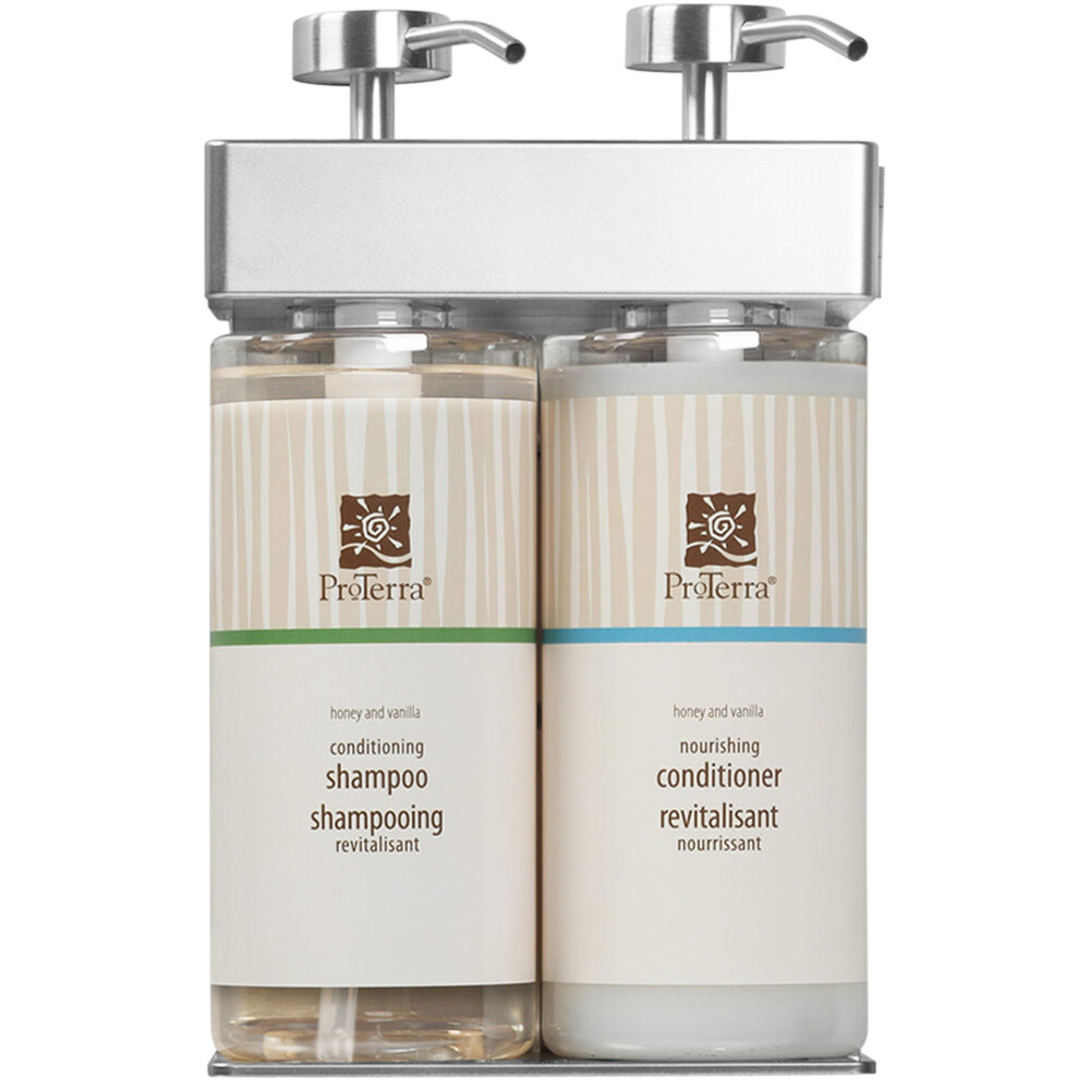 Dispenser Amenities 39234-O3-PROT SOLera 24 oz. ABS Plastic Wall Mounted Adjustable 2-Chamber Locking Shower Dispenser with Oval Bottles and ProTerra Label