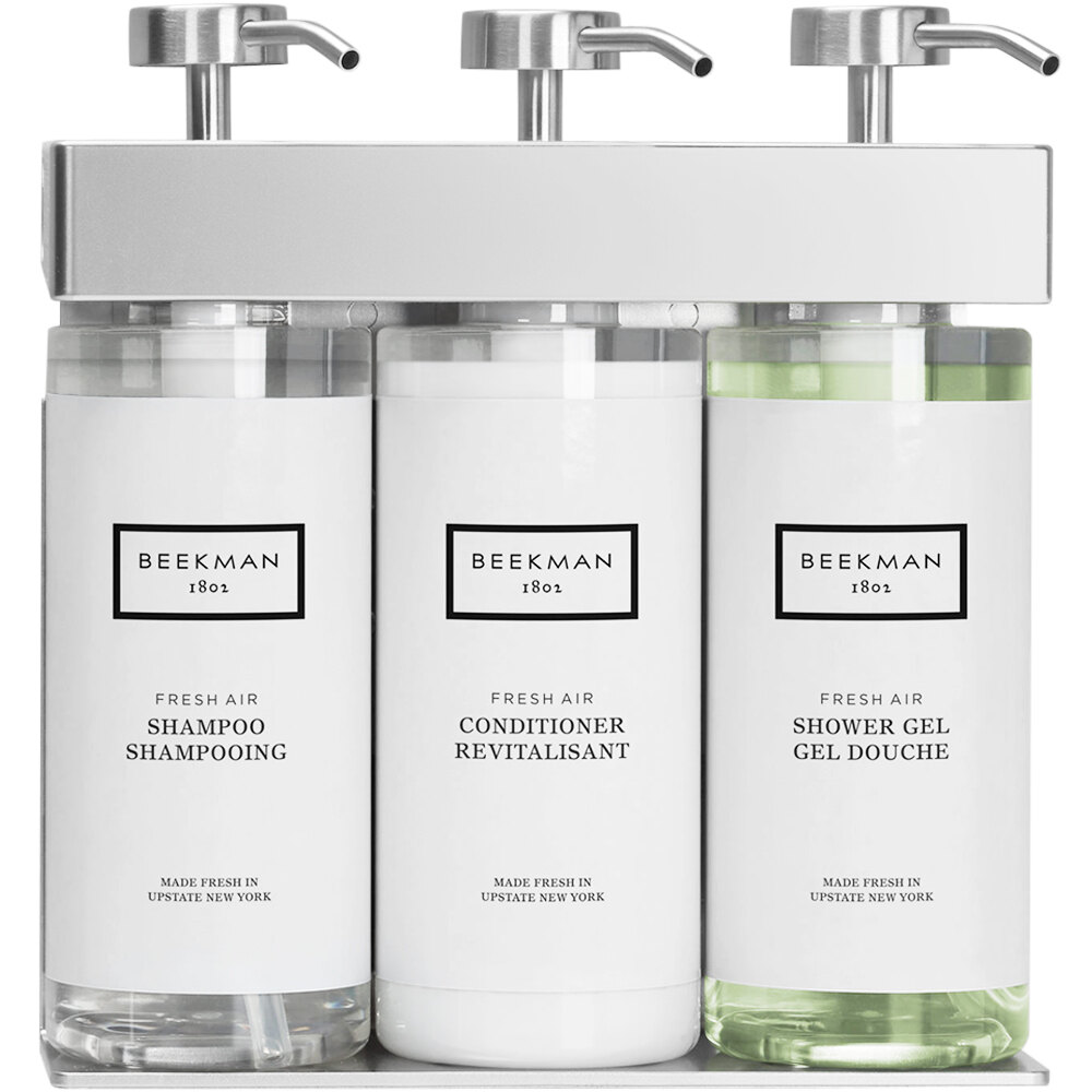 Dispenser Amenities 39334-O3-BKFA SOLera 36 oz. ABS Plastic Wall Mounted Adjustable 3-Chamber Locking Shower Dispenser with Oval Bottles and Beekman Label