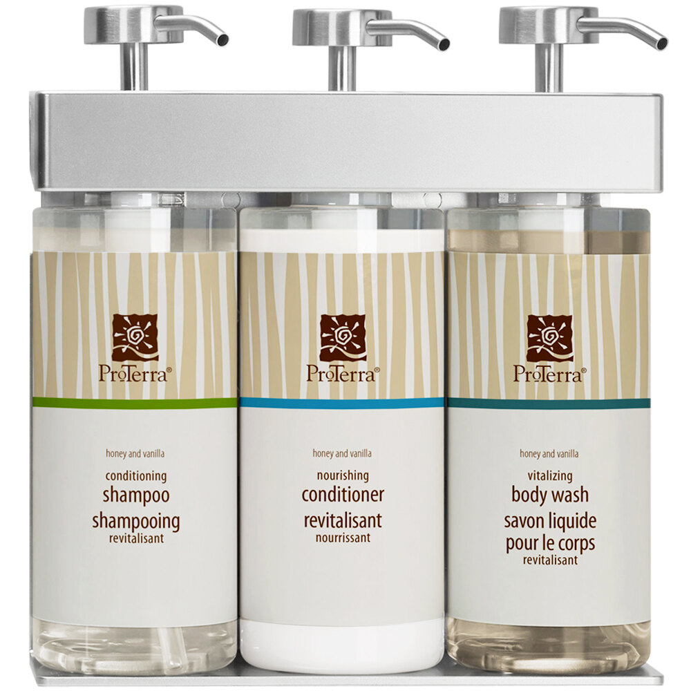 Dispenser Amenities 39334-O3-PROT SOLera 36 oz. ABS Plastic Wall Mounted Adjustable 3-Chamber Locking Shower Dispenser with Oval Bottles and ProTerra Label