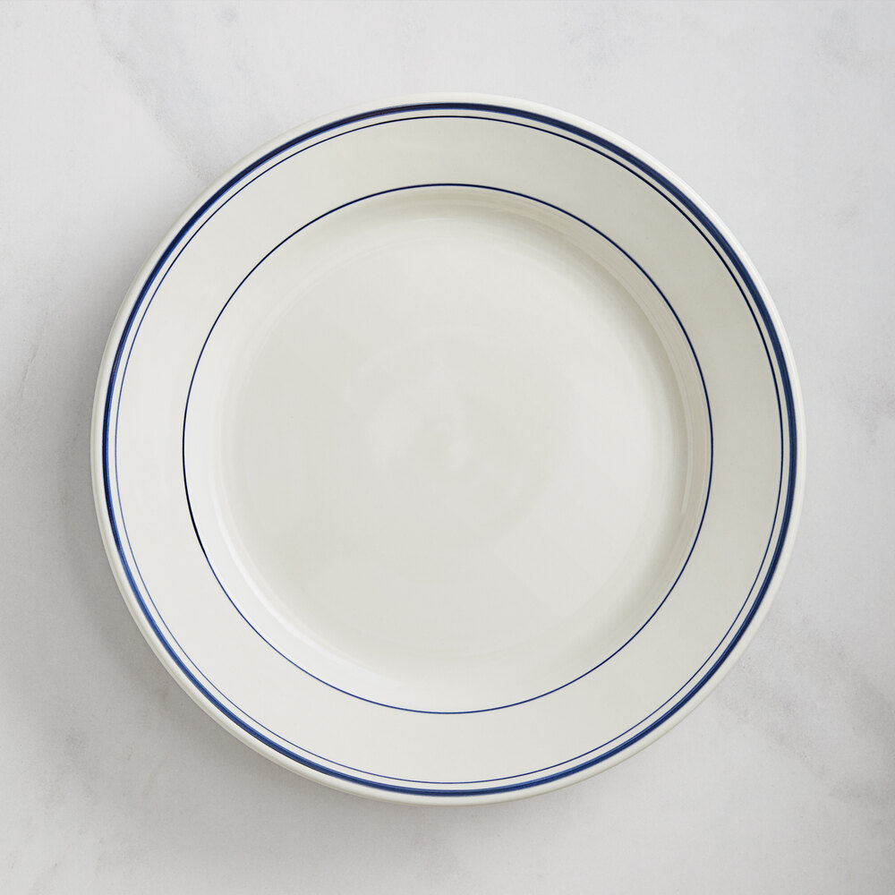 Acopa 10 1/2" Ivory (American White) Stoneware Wide Rim Plate with Blue Bands - Sample
