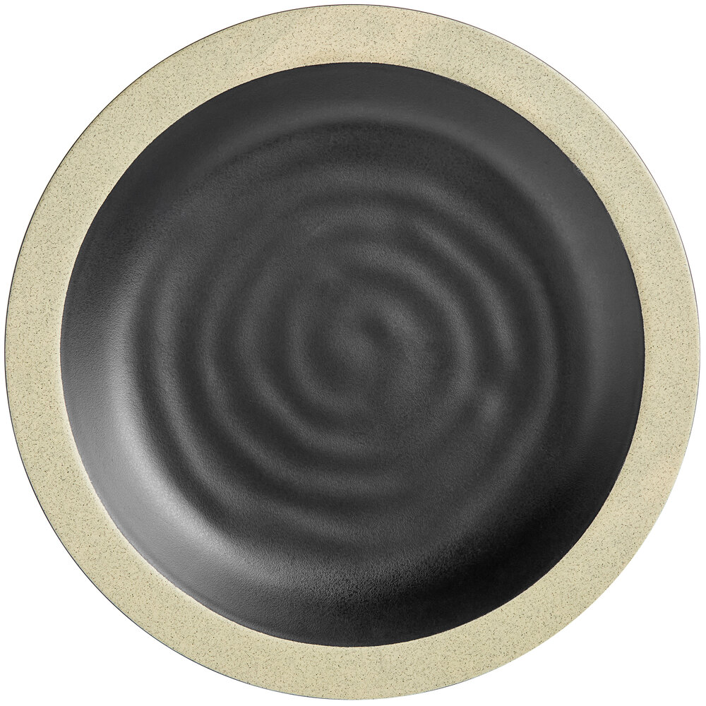 Acopa Ugoki 10" Matte Black Melamine Plate with Medium Ivory Rim - Sample