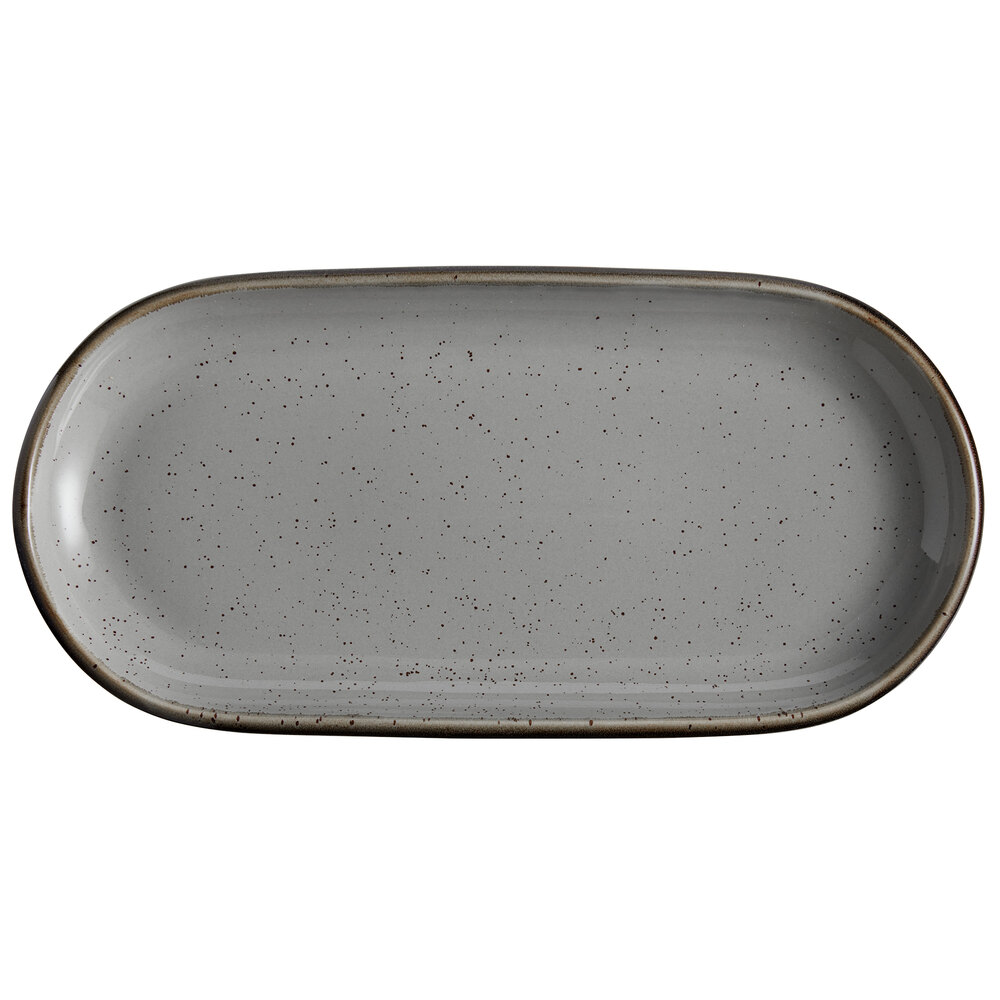 Acopa Keystone 14" x 6 3/4" Granite Gray Stoneware Oblong Coupe Platter - Sample