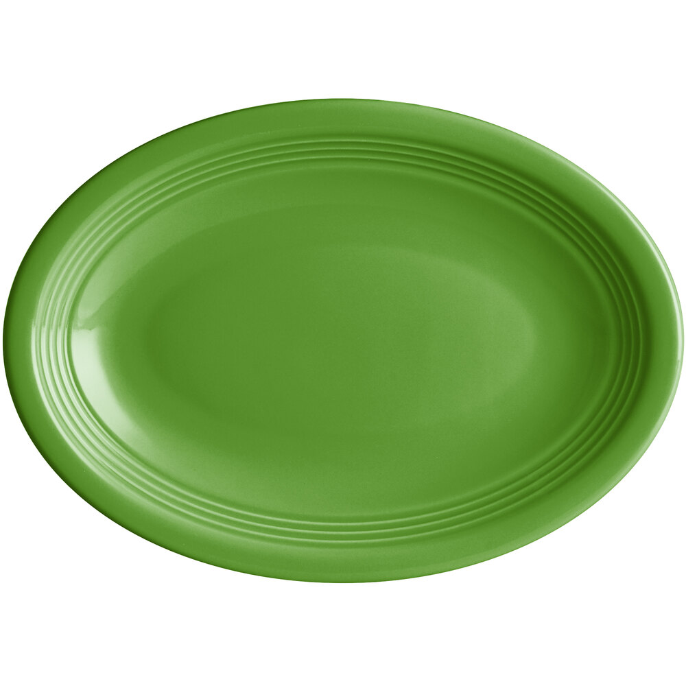 Acopa Capri 9 3/4" x 7" Palm Green Oval Stoneware Coupe Platter - Sample