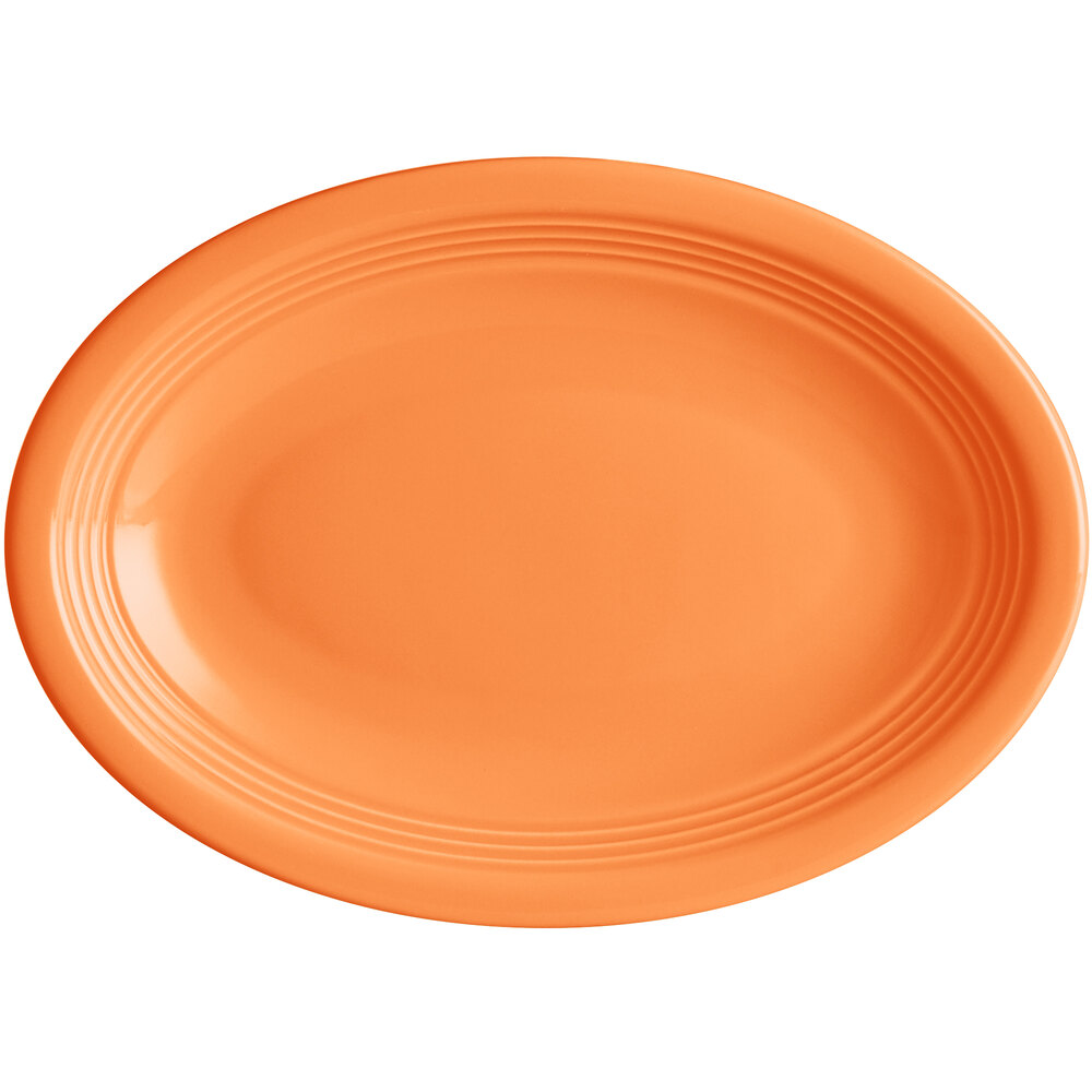 Acopa Capri 9 3/4" x 7" Valencia Orange Oval Stoneware Coupe Platter - Sample