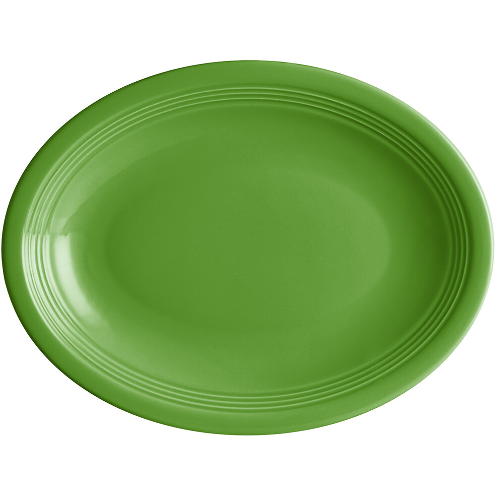Acopa Capri 11 1/2" x 8 3/4" Palm Green Oval Stoneware Coupe Platter - Sample