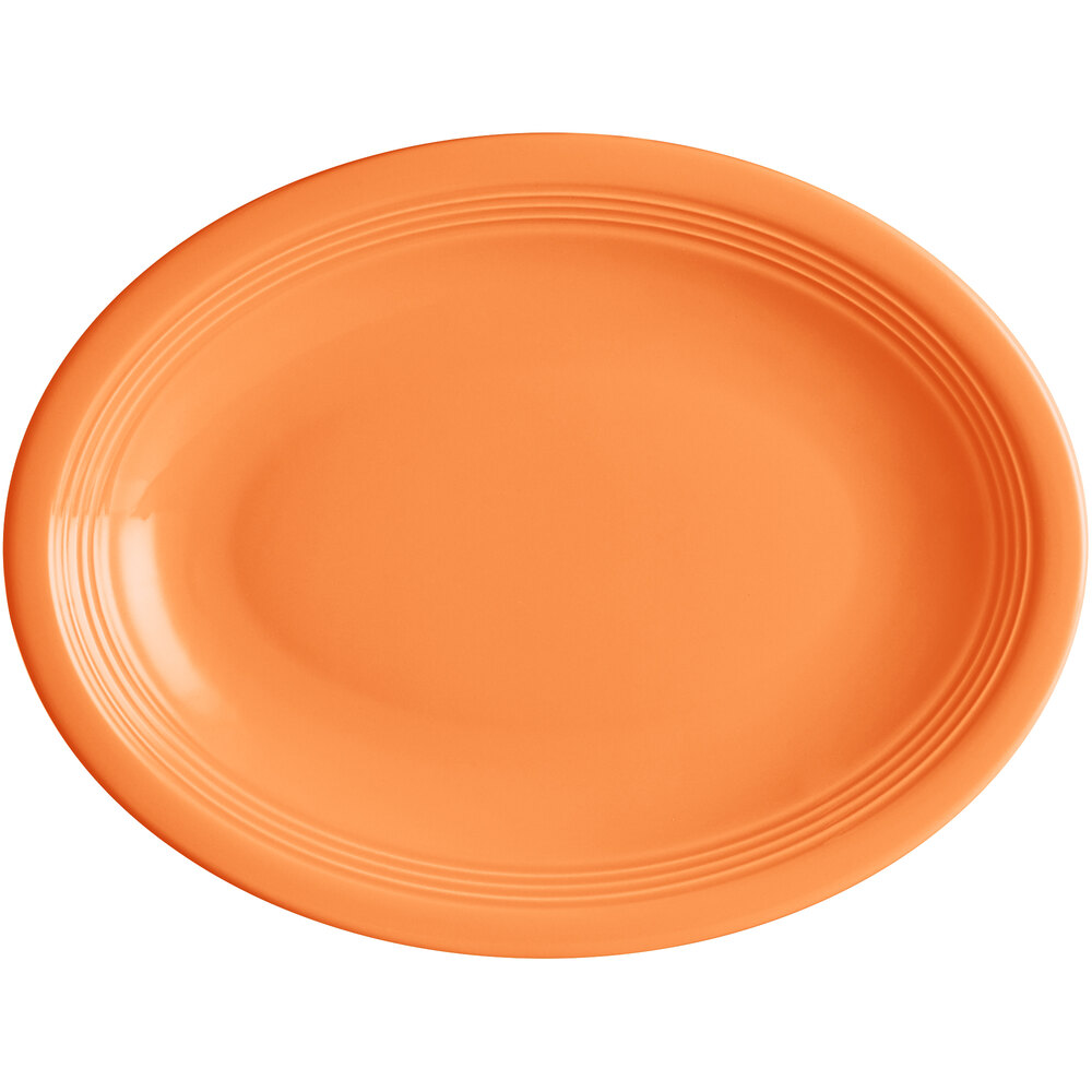 Acopa Capri 11 1/2" x 8 3/4" Valencia Orange Oval Stoneware Coupe Platter - Sample