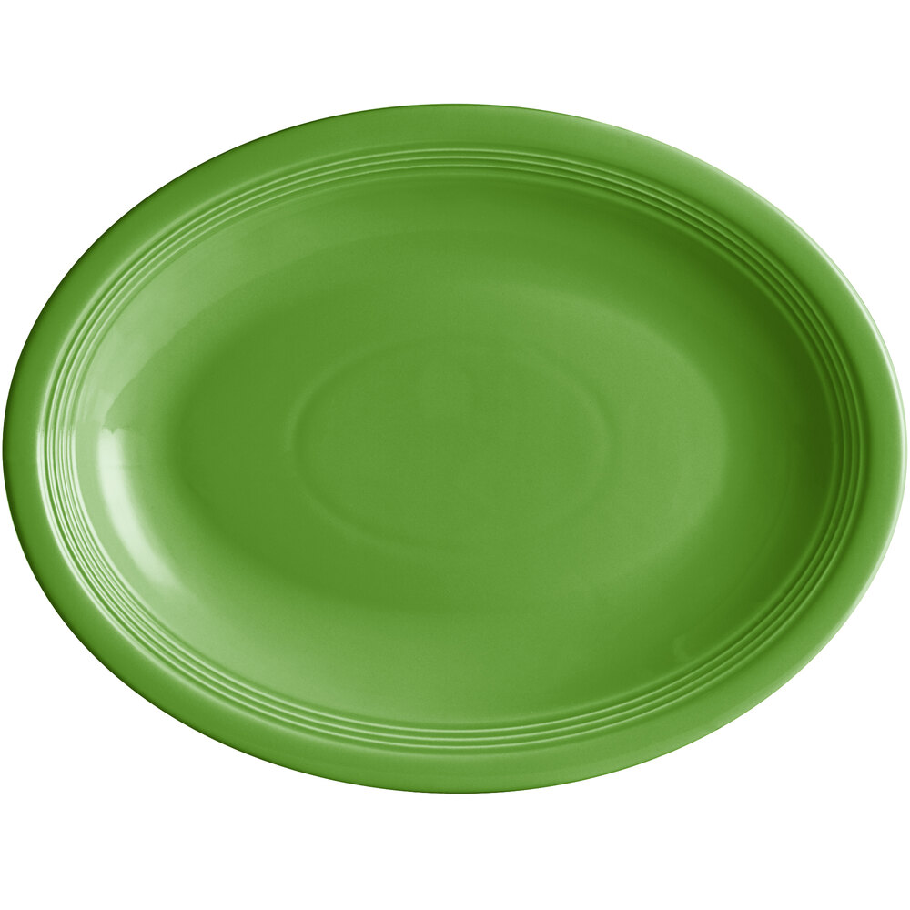 Acopa Capri 13 3/4" x 10 1/2" Palm Green Oval Stoneware Coupe Platter - Sample