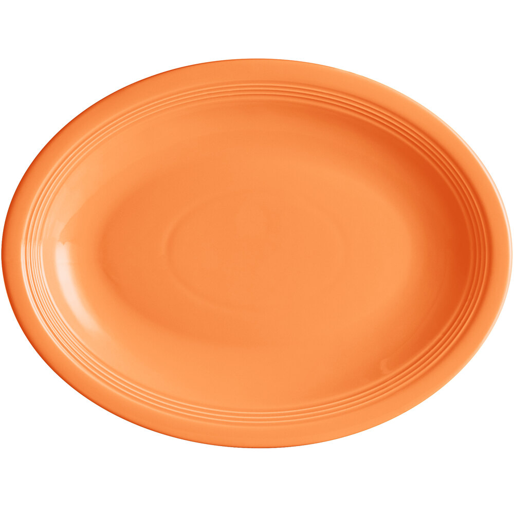 Acopa Capri 13 3/4" x 10 1/2" Valencia Orange Oval Stoneware Coupe Platter - Sample