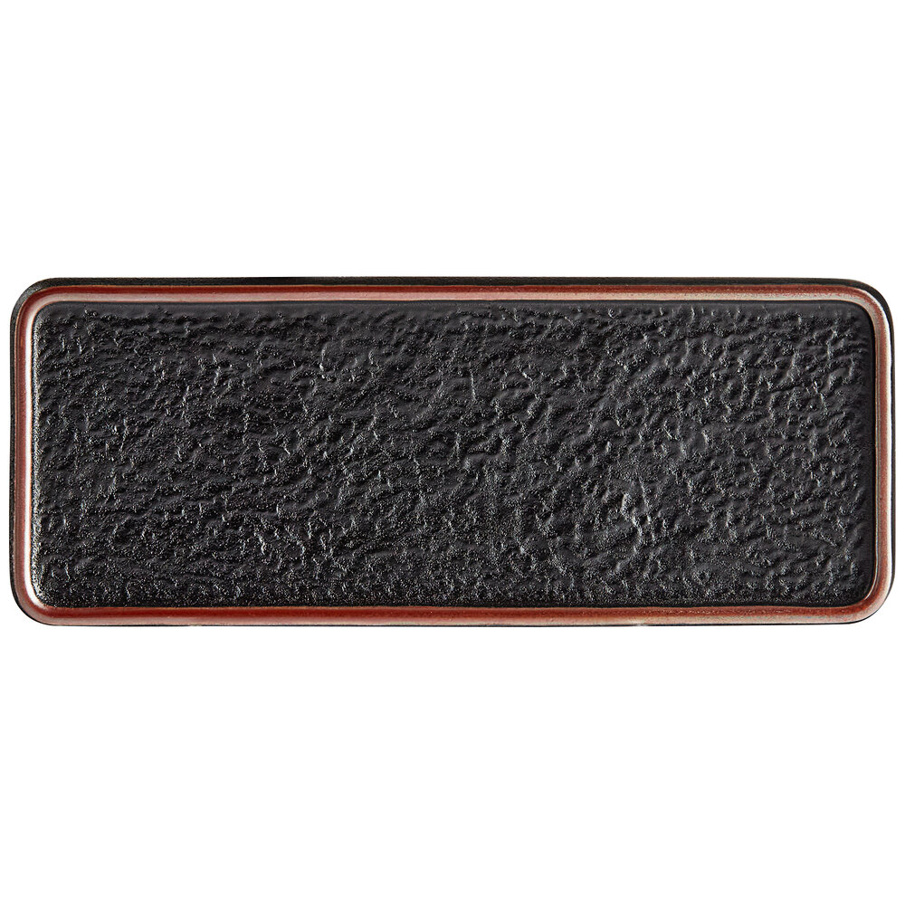 Acopa Heika 11 7/16" x 4 1/2" Black Matte Textured Rectangular Flat Stoneware Plate - Sample