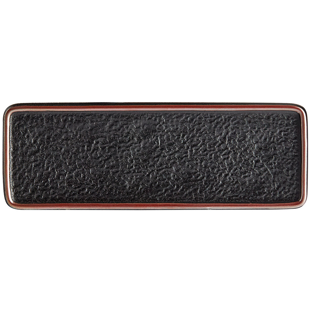 Acopa Heika 12 3/8" x 4 1/2" Black Matte Textured Rectangular Flat Stoneware Plate - Sample