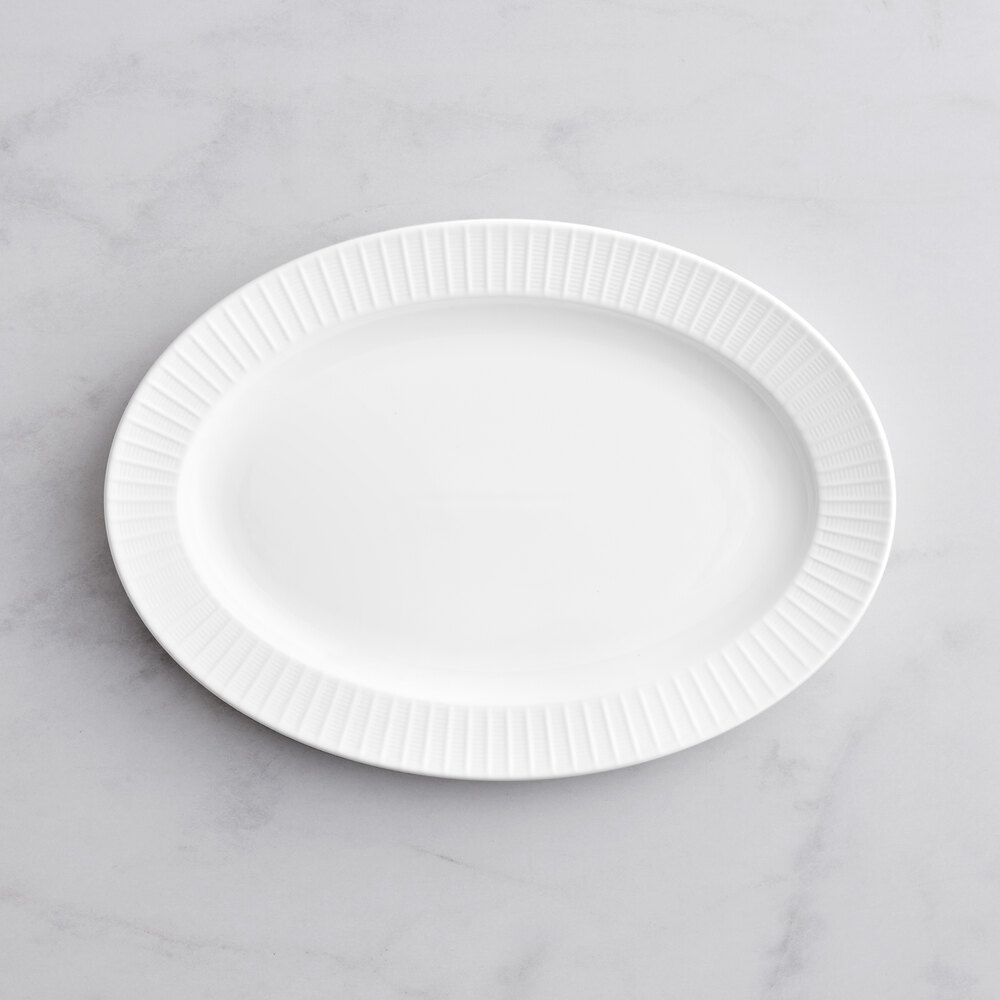 Acopa Cordelia 12 3/4" x 9" Bright White Embossed Wide Rim Porcelain Platter - Sample